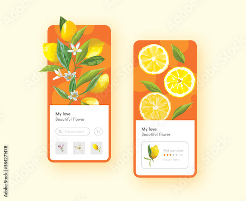 Lemon Fruits and Flowers with Green Leaves on Branches Mobile App Page Onboard Screen Template. Sliced or Whole Citrus, Natural Vitamin Food, Eco Market Application Design Concept. Vector Illustration