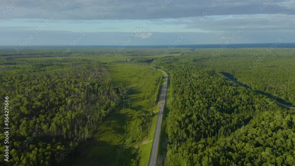 panoramic view of the motorway among the forests and nature of the Northern region of Russia, Khanty-Mansiysk Autonomous Okrug in the rays of the setting sun. panoramic view of the motorway among the forests and nature of the Northern region of Russia, Khanty-Mansiysk Autonomous Okrug in the rays of the setting sun.