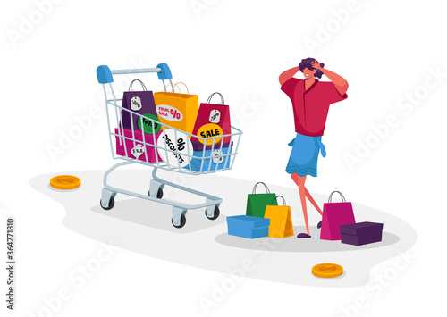 Young Woman Shopaholic with Many Shopping Bags. Character with Empty Pockets Holding Head Frustrated about Making Lot of Useless Purchases in Mall. Girl Shopper in Store. Cartoon Vector Illustration