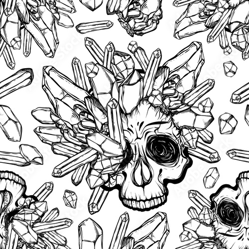 Vector illustration. skull with crystals, mysticism, tattoos. Handmade, prints on T-shirts,seamless pattern,light background