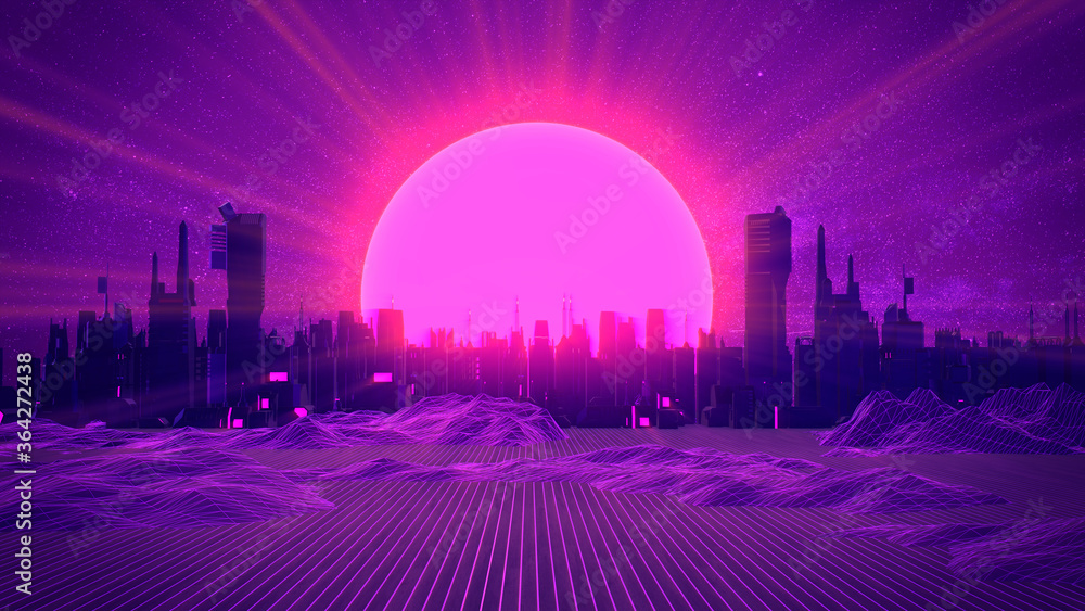 Retro City Skyline Neon Glowing Sun And Starry Sky Synthwave Retrowave Vaporwave Background 3d Illustration Stock Illustration Adobe Stock Retro City Skyline Neon Glowing Sun And Starry Sky Synthwave Retrowave Vaporwave Background 3d Illustration Stock Illustration Adobe Stock