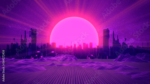 Retro City Skyline Neon Glowing Sun And Starry Sky Synthwave Retrowave Vaporwave Background 3d Illustration Stock Illustration Adobe Stock
