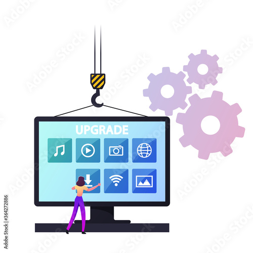 Program Upgrading Concept. Tiny Female Character at Huge Computer Desktop Touching App Buttons Upgrade to Applications and Software, Building Crane Pull Up Pc Monitor. Cartoon Vector Illustration