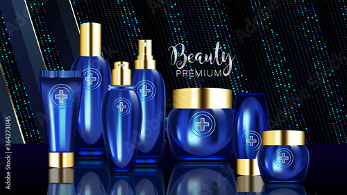 Beauty product ad design, blue cosmetic containers with collagen solution advertising background ready to use, luxury skin care banner, illustration vector.	
