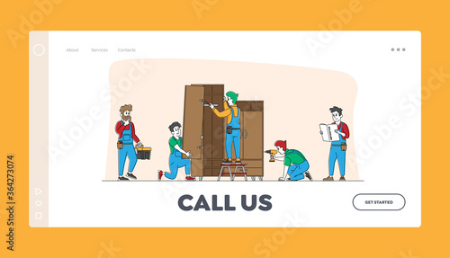 Furniture Assembling Landing Page Template. Workers Repair and Installation Works. Carpenter and Craftsman Characters Assembly Wardrobe with Shelves Using Tools. Linear People Vector Illustration