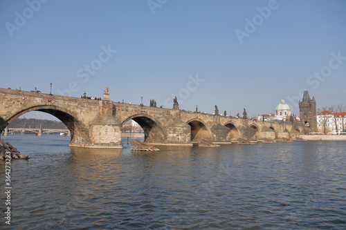 The romantic Vltava river, the beautiful Charlies Bridge and other historic buildings in Prague, Czech Republic