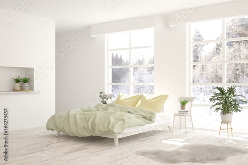 White bedroom interior. Scandinavian design. 3D illustration