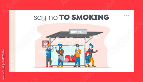Smoking in Public Place, Bad Habit Landing Page Template. Male Characters Smoke near Prohibited Sign on Bus Stop with People around. Angry Woman with Child Admonish Smokers. Linear Vector Illustration