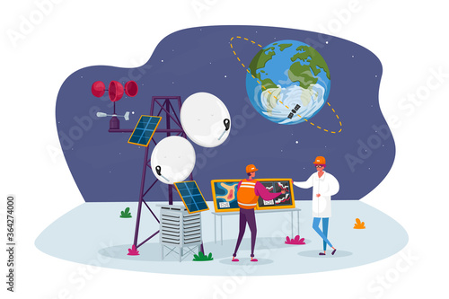 Meteorologist Characters on Meteo Station near Transmission Tower with Satellite on Earth Orbit. Meteorology Equipment, n Services and Technologies, Tech Progress. Cartoon People Vector Illustration
