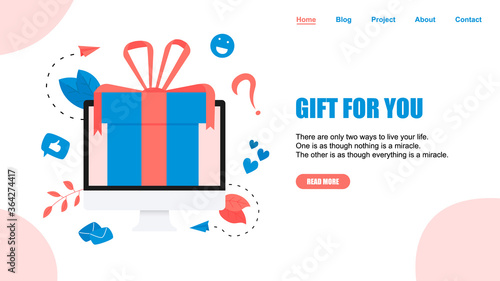 Online gift box. Promotion of online store or shop loyalty program and bonus. Vector illustration for advertisement. ]