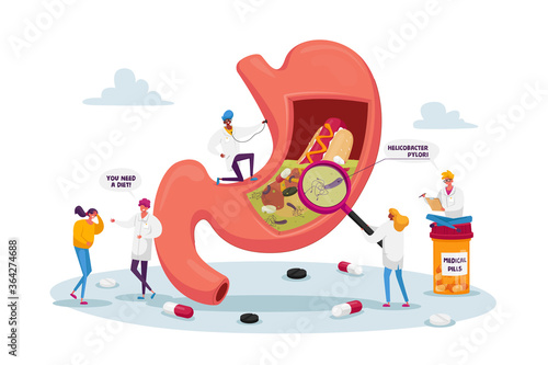 Gastroenterology Concept. Patient Character Suffer of Stomachache and Helicobacter Disease Touch Painful Belly at Doctor Appointment. Medics Study Huge Stomach. Cartoon People Vector Illustration