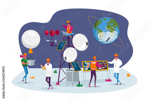 People on Meteorological Station Concept. Tiny Male and Female Characters around of Tower, Satellite at Earth Orbit. Workers Set Up Equipment and Probe for Weather Control. Cartoon Vector Illustration