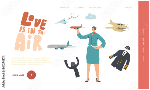 Airline Transportation Service Landing Page Template. Stewardess Character Wear Uniform Holding Airplane Model in Hand. Plane Crew, Air Hostess Profession, Aircraft History. Linear Vector Illustration