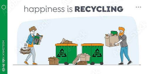 Waste Sort, Recycle and Segregation Landing Page Template. Characters Carry Piles of Paper Documents or Wastepaper Throw Garbage to Recycle Litter Bin, Environment. Linear People Vector Illustration