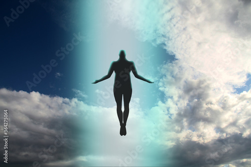 The dark silhouette of the soul of a deceased person ascends to heaven against a background of clouds. Afterlife, the concept of the immortality of the soul. 3D rendering