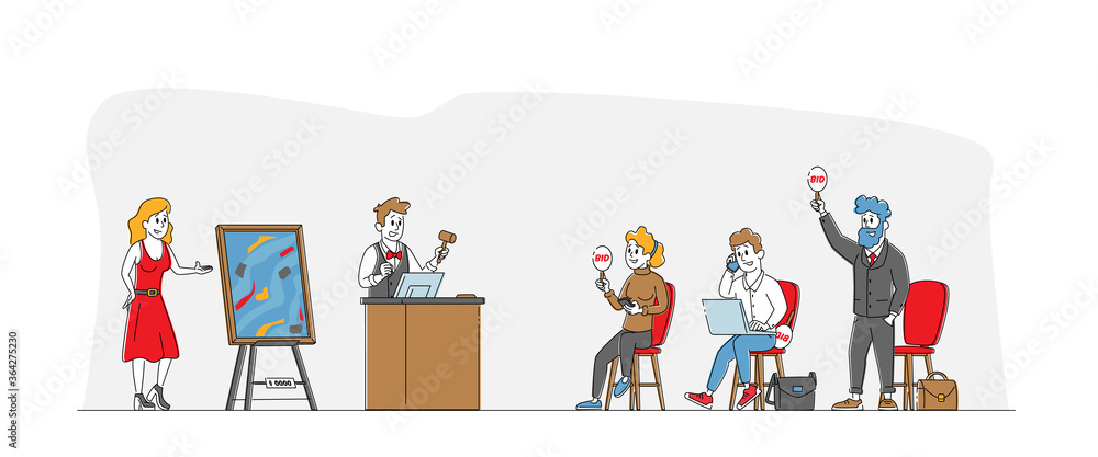 Auction Concept. Collectors Buying Assets and Masterpieces. Male Female Characters Holding Laptop and Rising Bid Boards. Auctioneer with Gavel on Tribune Sell Things. Linear People Vector Illustration