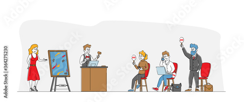 Auction Concept. Collectors Buying Assets and Masterpieces. Male Female Characters Holding Laptop and Rising Bid Boards. Auctioneer with Gavel on Tribune Sell Things. Linear People Vector Illustration