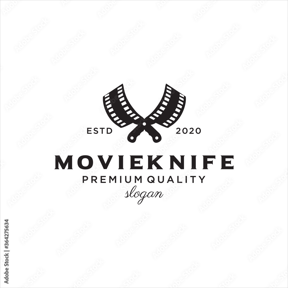Knife Movie reel Logo Design. cinema,film production logo template. Double Knife cinematography logo Design Retro Hipster Knife Movie reel Logo Design. cinema,film production logo template. Double Knife cinematography logo Design Retro Hipster