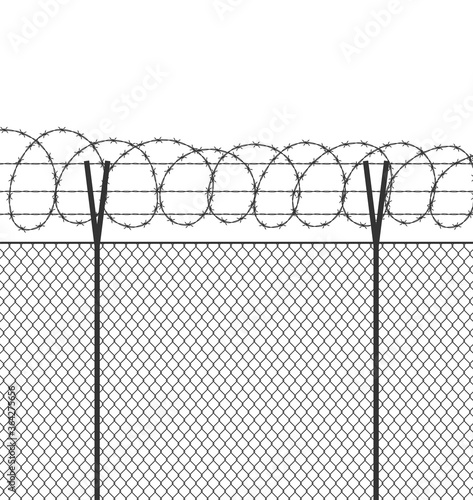 Military jail fence. Vector barbed spike wire. Safety metal net barrier. Prison iron gate security fencing. Simple graphic illustration