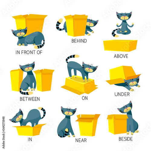 English Prepositions of Place Visual Aid for Children. Cute Cat Character in Different Poses Playing with Carton Box. Studying of Foreign Language Concept. Isolated Cartoon Vector Illustration, set photo