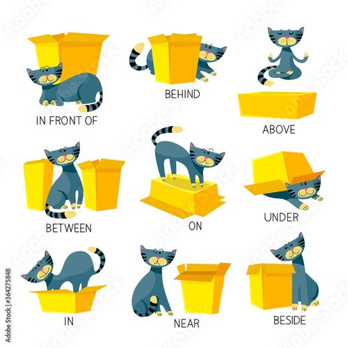 English Prepositions of Place Visual Aid for Children. Cute Cat Character in Different Poses Playing with Carton Box. Studying of Foreign Language Concept. Isolated Cartoon Vector Illustration, set