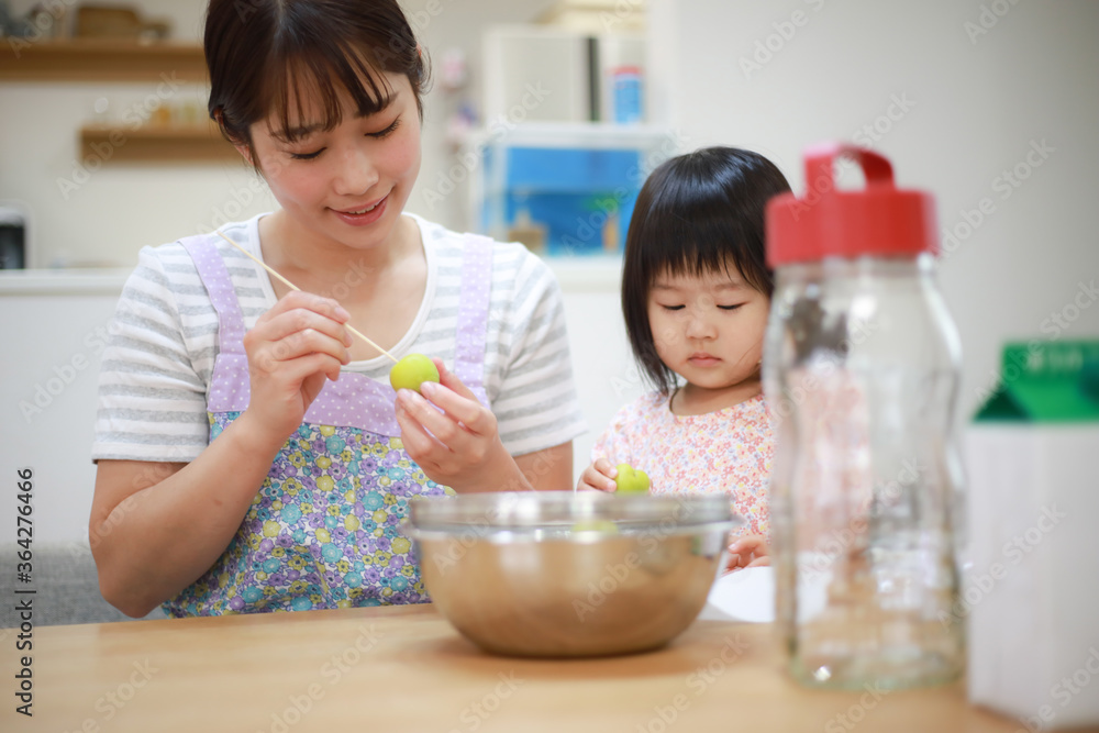 梅酒を作る親子 梅酒を作る親子