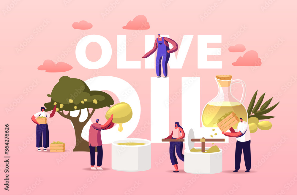 Characters Extracting Virgin Olive Oil Concept. Tiny People Farmers Making Natural Production, Gardening Trees, Pressing Olives into Container Poster Banner Flyer. Cartoon Vector Illustration Characters Extracting Virgin Olive Oil Concept. Tiny People Farmers Making Natural Production, Gardening Trees, Pressing Olives into Container Poster Banner Flyer. Cartoon Vector Illustration