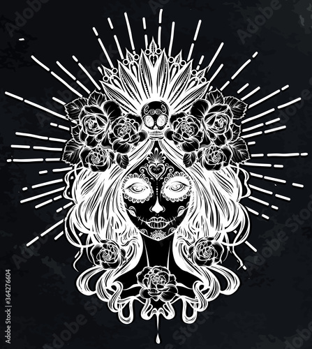 Vector illustration. Dia de los muertos, magic,day of dead faces, girl, mysticism, tattoos. Handmade, prints on T-shirts, background chalkboard