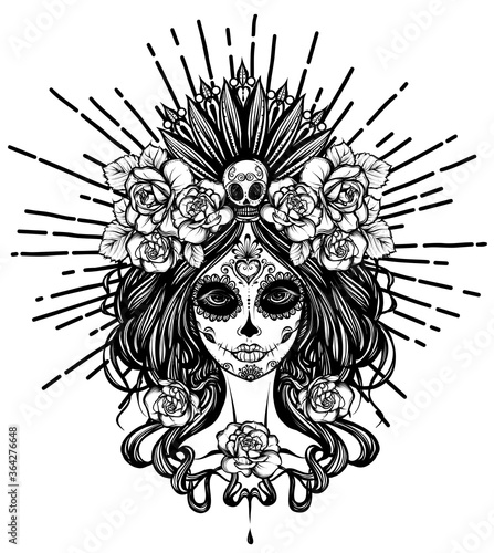 Vector illustration. Dia de los muertos, magic,day of dead faces, girl, mysticism, tattoos. Handmade, prints on T-shirts, background white