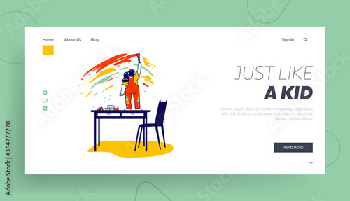 Naughty Kid Making Mess, Drawing Landing Page Template. Little Girl in Dirty Clothes Stand on Table Painting on Wall., Baby Character Create Chaos at Home, Bad Behavior. Linear Vector Illustration