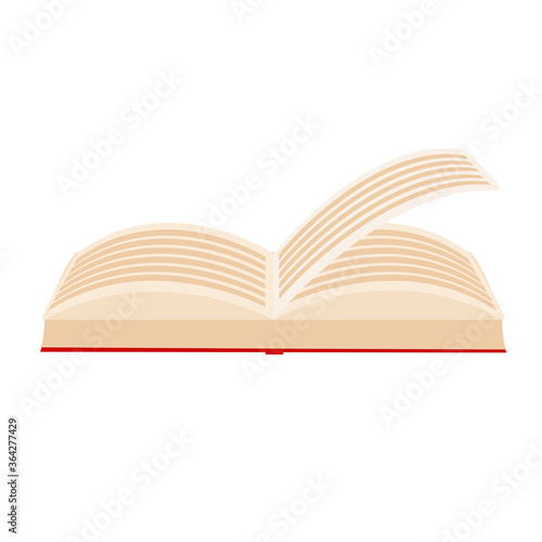 Red covered opened book with pages fluttering on white background. Flat vector illustration.