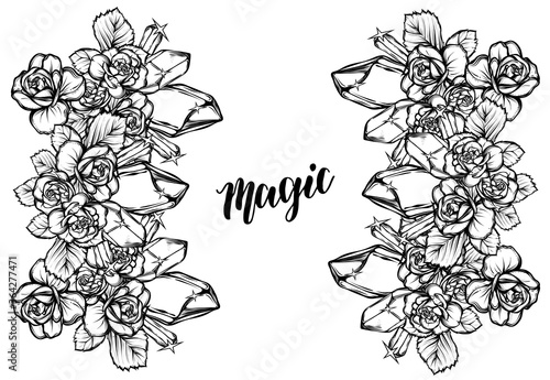 Vector illustration. crystals, bouquet of roses, mysticism, tattoos, prints on T-shirts. Handmade, background white