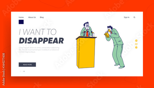 Panic Attack in Public Place Landing Page Template. Businessman Character Having Panic Disorder on Tribune Breathing in Paper Bag. Fear or Mental Health Problems. Linear People Vector Illustration