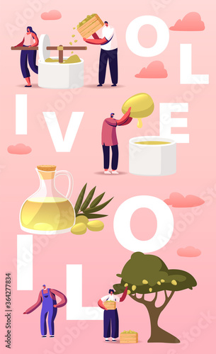 Characters Extracting Virgin Olive Oil Concept. Tiny People Farmers Making Natural Production, Gardening Trees, Pressing Olives into Container Poster Banner Flyer. Cartoon Vector Illustration