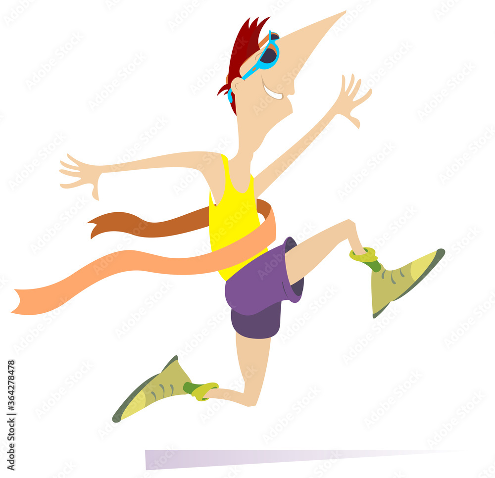 Running man, winner ribbon isolated illustration. Smiling running young sportsman with a winner ribbon crossing a finish isolated on white illustration 