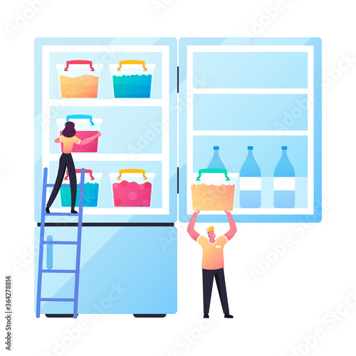 Tiny Male and Female Characters Stand on Ladder Put Semifinished or Frozen Food in Containers to Huge Refrigerator. Products Refrigeration, Fresh Homemade Meals. Cartoon People Vector Illustration