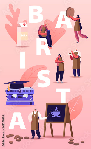 Barista Profession Concept. People Learning Brewing Coffee. Male and Female Characters Wearing Aprons Using Machine for Making Hot Beverage in Cafe Poster Banner Flyer. Cartoon Vector Illustration