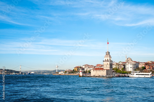 Maiden's Tower and the ship in the Bosporus, Istanbul, Turkey