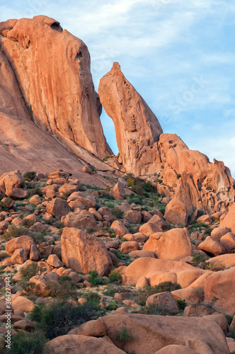 Granite needle and rock formation resembling baboon face at Spitzkoppe