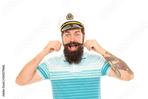 Huge surprise. Surprised sailor twirl moustache with mouth open. Barbershop. Bearded man get emotional surprise. Surprising news. Surprise adventure. Sea travel. Vacation. Surprise someone with trip © be free