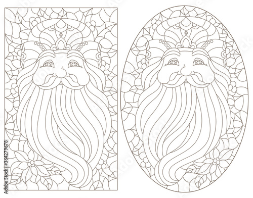 Set of contour illustrations of stained glass Windows with portraits of Santa Claus, dark outlines on a white background
