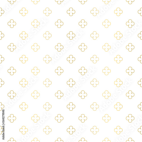 Delicate gold four leaf  water clover pattern. Stylised gold stroke leaves, minimal concept. Regular repeating flowers for fancy silk fabrics for fashion and interiors. 