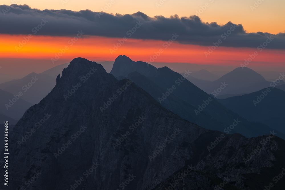 Morning view of the Kosuta ridge in Karavanke range alps before the sunrise, Slovenia