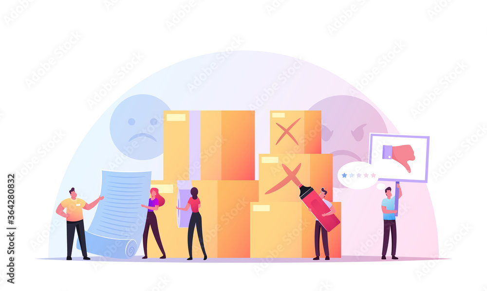 Claim Customer Concept. Tiny Male and Female Characters at Huge Carton Boxes. Clients Unsatisfied with Service or Goods Quality Writing Complaint and Bad Feedback. Cartoon People Vector Illustration