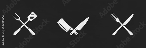 Barbecue, Butchery and Restaurant supplies isolated on black background. fork, knife, meat cleaver, chef's knife, grill fork and spatula icons. Vector design elements for logo, emblem, menu.