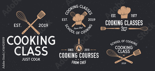 Cooking classes badges. Vintage cooking and Food labels, emblems, badges, logo. Culinary school, cooking courses, food studio, kitchen logo templates. Vector illustration