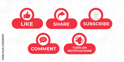Like, Share, Comment, Subscribe and share icon button vector illustration. Set of social media button or icon vector illustration design template for video channel, blog and background banner concept photo