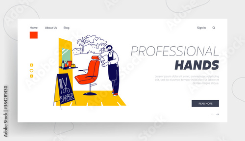 Barber Shop Shaves and Cuts Service Landing Page Template. Master Character with Haircut Tools Waiting Client in Street Barbershop Stand near Chair. Men Haircutting Salon. Linear Vector Illustration