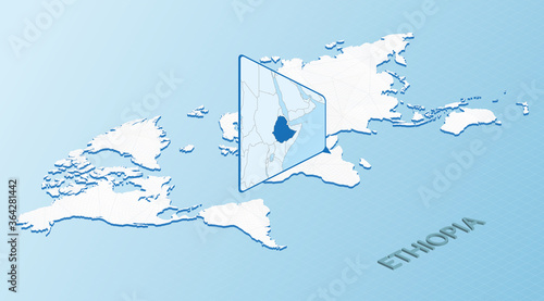 World Map in isometric style with detailed map of Ethiopia. Light blue Ethiopia map with abstract World Map.