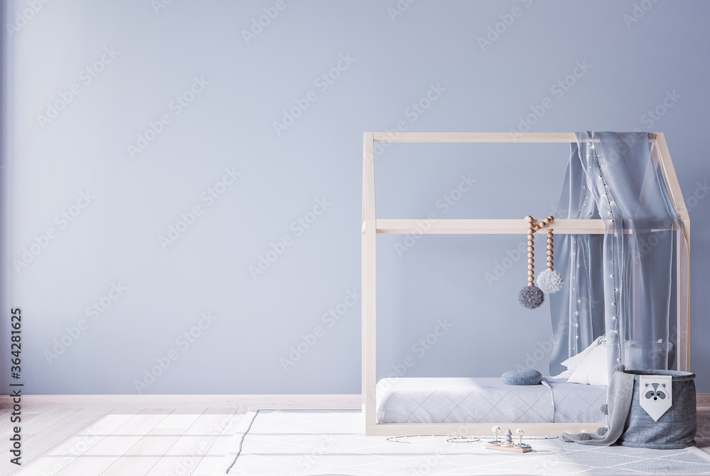 Cozy blue bedroom design, wooden minimal bed in kids bedroom, copy space, 3d render Cozy blue bedroom design, wooden minimal bed in kids bedroom, copy space, 3d render